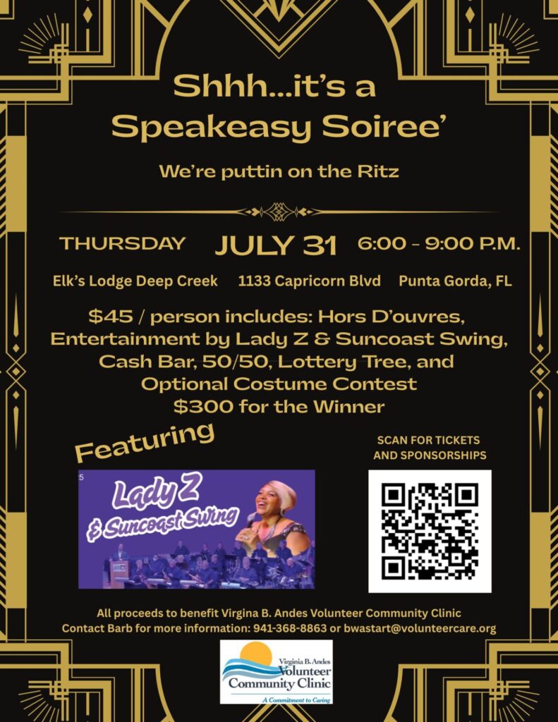 Speakeasy Soiree’ — taking place on Thursday, July 31st at the Elks Lodge in Deep Creek.