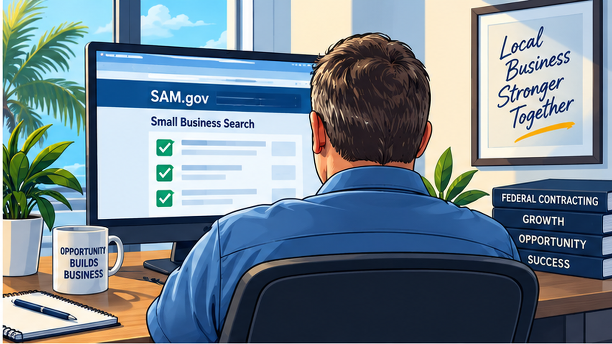 Illustrated business owner reviewing a federal contracting profile